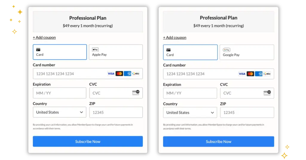 Apple Pay and Google Pay quick checkout options