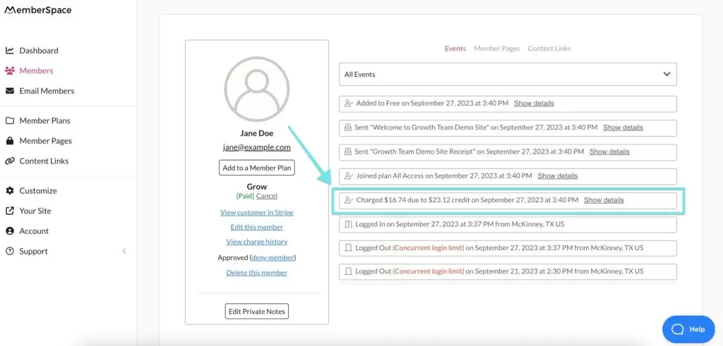 View credits within payment charge member events